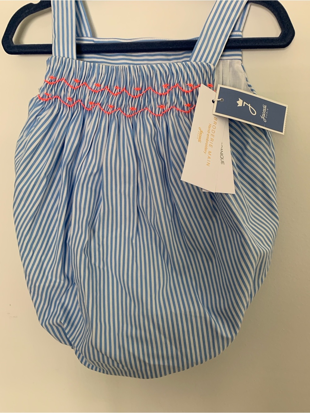 Jacadi Blue and White Striped Smocked One Piece Romper Coral Stitching 6 Months